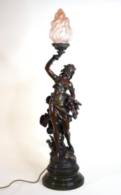 French Spelter Table Lamp Lady With Flowers - Antique for sale