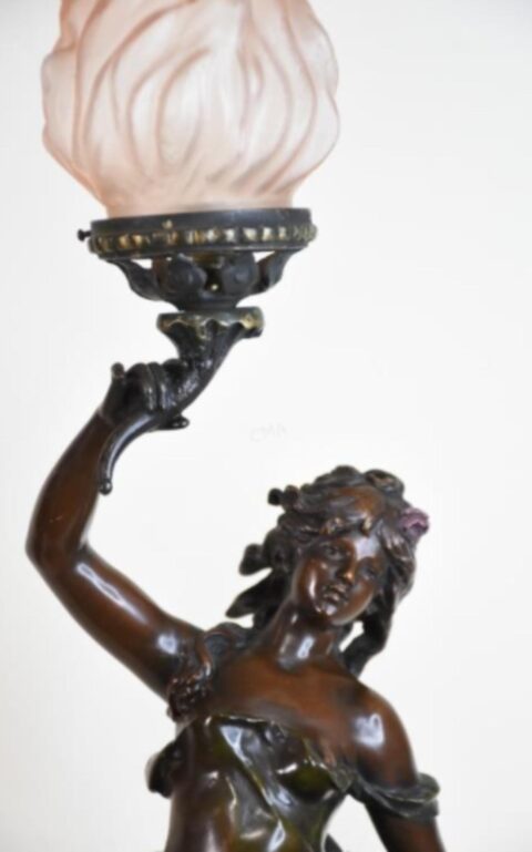 French Spelter Table Lamp Lady With Flowers - Antique for sale