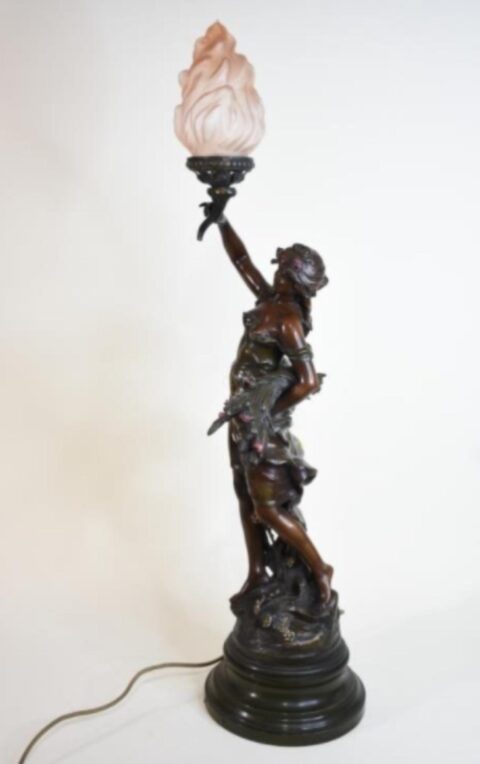 French Spelter Table Lamp Lady With Flowers - Antique for sale