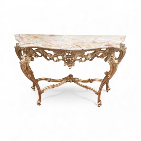 Gilt Console Table with Carved Floral Decorations and Onyx Top - Antique Furniture for sale