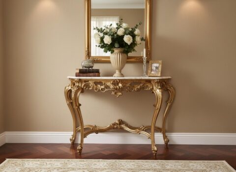 Gilt Console Table with Carved Floral Decorations and Onyx Top - Antique Furniture for sale