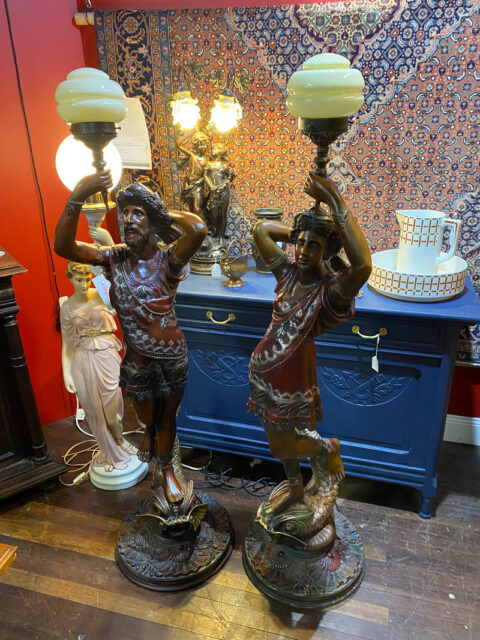 Pair of Bronze Mythological Figure Lamps - Antique for Sale